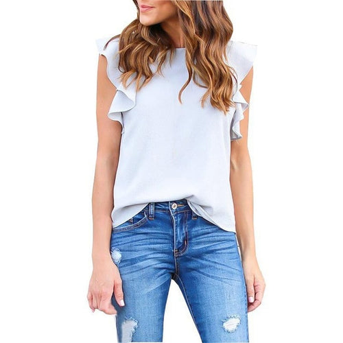 Women Chiffon short sleeve Blouse Fashion Summer Sexy O Neck Sleeveless Ruffle tee Shirts Casual Slim Solid Blusas Tops