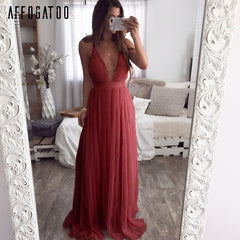 Affogatoo Sexy deep v neck backless summer pink dress women Elegant lace evening maxi dress Holiday long party dress ladies 2019
