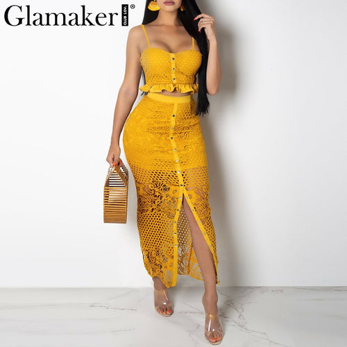 Glamaker Hollow out sexy yellow long dress Women white ruffle two piece maxi dress Bodycon split lace autumn party dress elegant