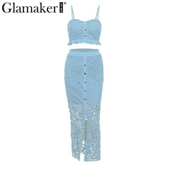 Glamaker Hollow out sexy yellow long dress Women white ruffle two piece maxi dress Bodycon split lace autumn party dress elegant