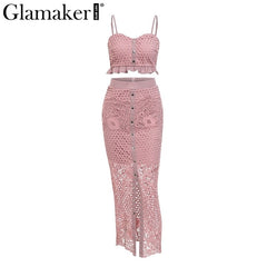 Glamaker Hollow out sexy yellow long dress Women white ruffle two piece maxi dress Bodycon split lace autumn party dress elegant