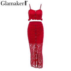 Glamaker Hollow out sexy yellow long dress Women white ruffle two piece maxi dress Bodycon split lace autumn party dress elegant