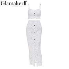 Glamaker Hollow out sexy yellow long dress Women white ruffle two piece maxi dress Bodycon split lace autumn party dress elegant