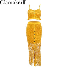 Glamaker Hollow out sexy yellow long dress Women white ruffle two piece maxi dress Bodycon split lace autumn party dress elegant