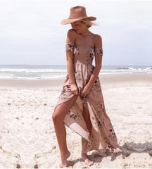 Lossky 2018 New Women Sexy Side Split Summer Dress Off Shoulder Vintage Print Maxi Dress Women Beach Dress Vestidos
