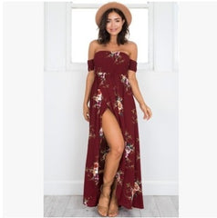 Lossky 2018 New Women Sexy Side Split Summer Dress Off Shoulder Vintage Print Maxi Dress Women Beach Dress Vestidos