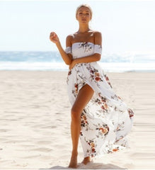 Lossky 2018 New Women Sexy Side Split Summer Dress Off Shoulder Vintage Print Maxi Dress Women Beach Dress Vestidos