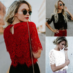Fashion Women Loose Short Sleeve Tops Lace Floral Short Sleeves Blouse Shirt Casual Lace Tops Shirt