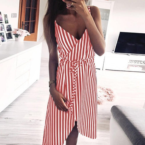 KANCOOLD dress Women Stripe Printing Sleeveless Off Shoulder Dress Evening Party Vest Empire Sashes dress women 2018AUG1