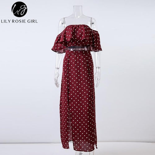 Lily Rosie Girl Women Off Shoulder Red Vintage Dot Long Dress Summer Maxi Dress Chiffon Ruffle Sexy Beach Dresses Vestidos