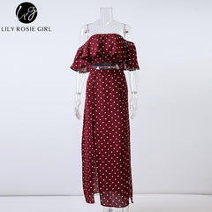 Lily Rosie Girl Women Off Shoulder Red Vintage Dot Long Dress Summer Maxi Dress Chiffon Ruffle Sexy Beach Dresses Vestidos