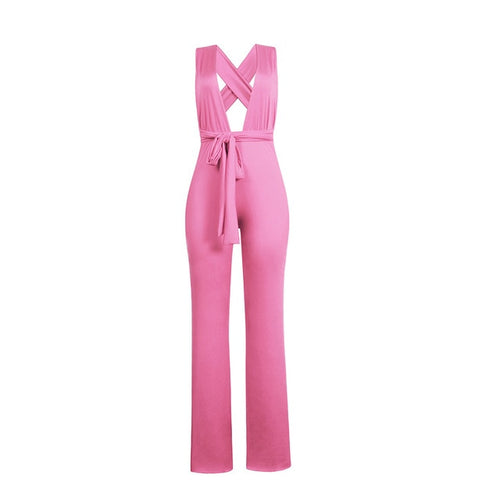 New Arrival Fashion Women Clothing Sexy V Neck Multi-way Jumpsuits Female Lace Up Bandage Sleeveless Wide Leg Autumn Playsuits