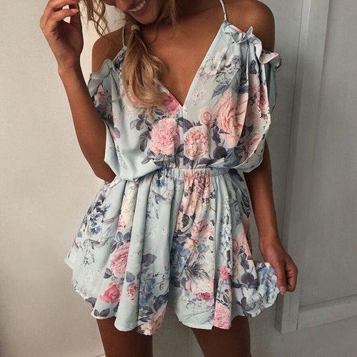 2018 Women Girls New Fashion Bohemian Spaghetti Strap Loose V-Neck Playsuits Summer Off The Shoulder Floral Print Jumpsuits Hot