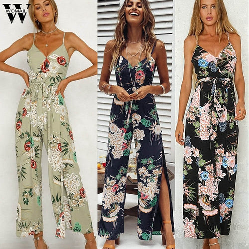 Womail bodysuit Women Summer Fashion Strappy Floral Slit Long Trouser Playsuits Jumpsuit Rompers Holiday new 2019 dropship M4
