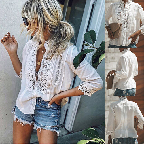 Women Blouses Fashion Lace Hollow Out Loose Blouse Long Sleeve White Shirt Tops Stylish Summer Women Girl Tops