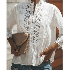 Women Blouses Fashion Lace Hollow Out Loose Blouse Long Sleeve White Shirt Tops Stylish Summer Women Girl Tops