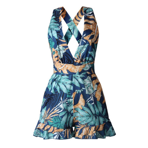 Fashion Women Boho Print Backless Sleeveless Short Playsuit Summer Women Sexy Wrapped Tied Lace-up Cross Strap Jumpsuit