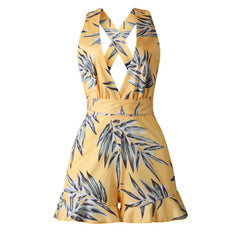 Fashion Women Boho Print Backless Sleeveless Short Playsuit Summer Women Sexy Wrapped Tied Lace-up Cross Strap Jumpsuit