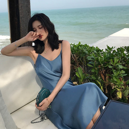 Summer Women Backless Sexy Ice Silk Smooth  Strap  Casual Solid Color Sleeveless Beach  Party  Club Dress