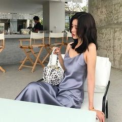 Summer Women Backless Sexy Ice Silk Smooth  Strap  Casual Solid Color Sleeveless Beach  Party  Club Dress