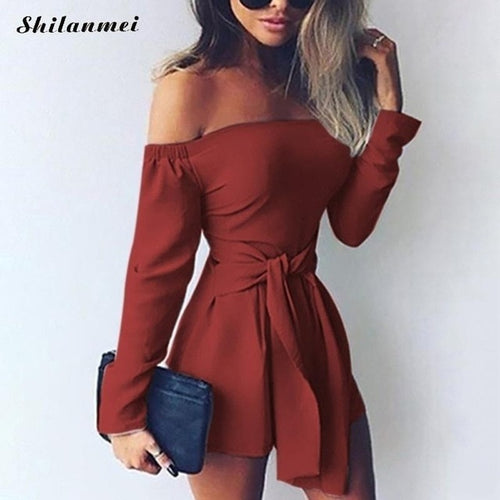 Hot Fashion Sexy Off Shoulder Playsuits Women Long Sleeve Bodycon Bandage Party Short Rompers Plus Size Elegant Ladies Overalls