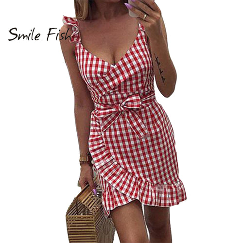 2019 New Summer Red Plaid Dress Vintage Beach Boho Dress Streetwear Ruffles Spaghetti Strap V-Neck Sexy Party Women Dress M0476