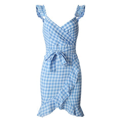 2019 New Summer Red Plaid Dress Vintage Beach Boho Dress Streetwear Ruffles Spaghetti Strap V-Neck Sexy Party Women Dress M0476