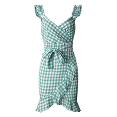 2019 New Summer Red Plaid Dress Vintage Beach Boho Dress Streetwear Ruffles Spaghetti Strap V-Neck Sexy Party Women Dress M0476