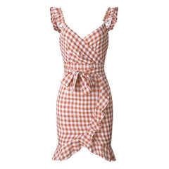 2019 New Summer Red Plaid Dress Vintage Beach Boho Dress Streetwear Ruffles Spaghetti Strap V-Neck Sexy Party Women Dress M0476