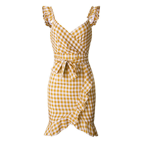 2019 New Summer Red Plaid Dress Vintage Beach Boho Dress Streetwear Ruffles Spaghetti Strap V-Neck Sexy Party Women Dress M0476